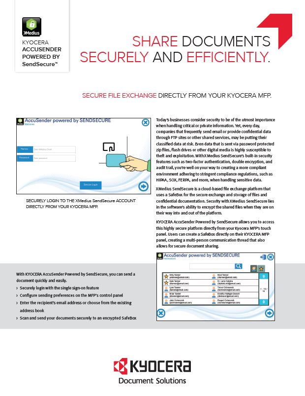 Kyocera Software Capture And Distribution Accusender Powered By Sendsecure Data Sheet Thumb, Advanced Business Systems, NY, New York, Kyocera, Brother, Epson, Dealer, COpier, MFP, Sales, Service, Supplies