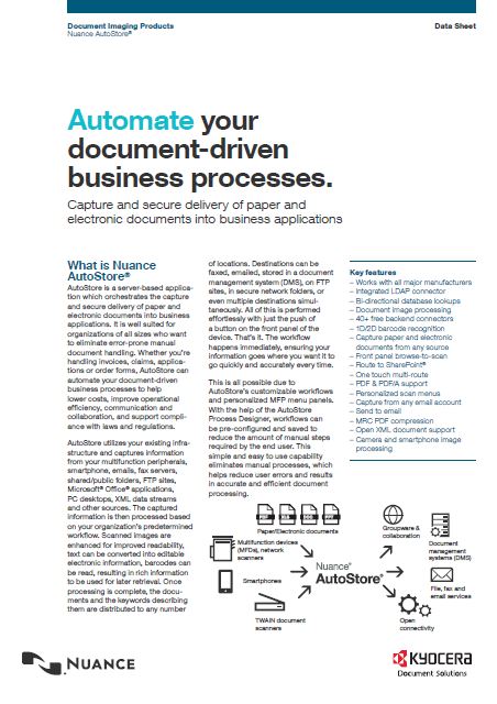 Kyocera Software Capture And Distribution Nuance Autostore Data Sheet Thumb, Advanced Business Systems, NY, New York, Kyocera, Brother, Epson, Dealer, COpier, MFP, Sales, Service, Supplies