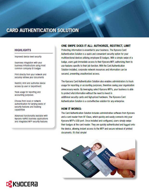 Kyocera Software Cost Control And Security Card Authentication Data Sheet Thumb, Advanced Business Systems, NY, New York, Kyocera, Brother, Epson, Dealer, COpier, MFP, Sales, Service, Supplies