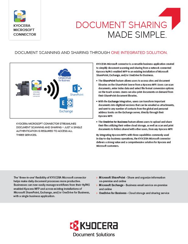 Kyocera Software Document Management Kyocera Microsoft Connector Spec Sheet Thumb, Advanced Business Systems, NY, New York, Kyocera, Brother, Epson, Dealer, COpier, MFP, Sales, Service, Supplies