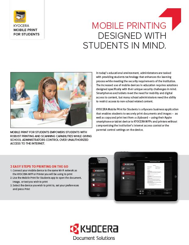 Kyocera Software Mobile And Cloud Kyocera Mobile Print For Students Data Sheet Thumb, Advanced Business Systems, NY, New York, Kyocera, Brother, Epson, Dealer, COpier, MFP, Sales, Service, Supplies