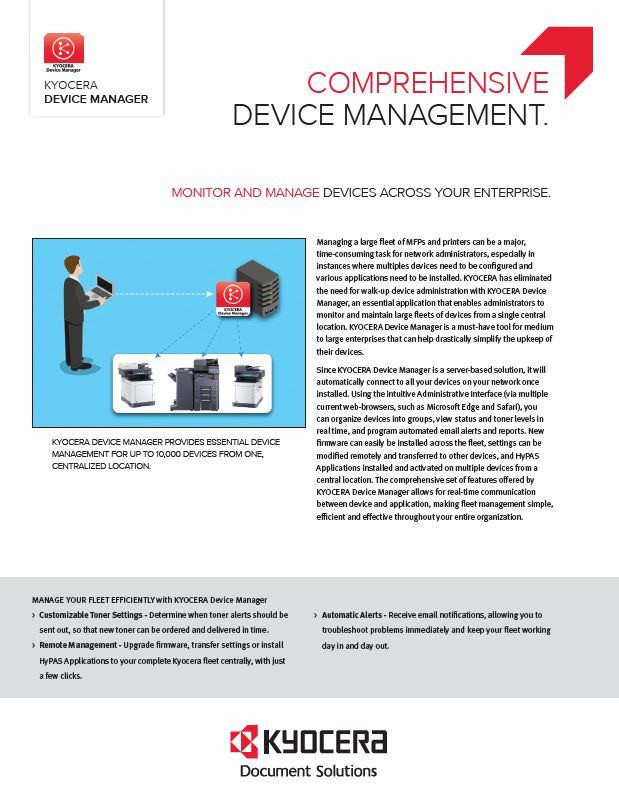 Kyocera Software Network Device Management Kyocera Device Manager Data Sheet Thumb, Advanced Business Systems, NY, New York, Kyocera, Brother, Epson, Dealer, COpier, MFP, Sales, Service, Supplies