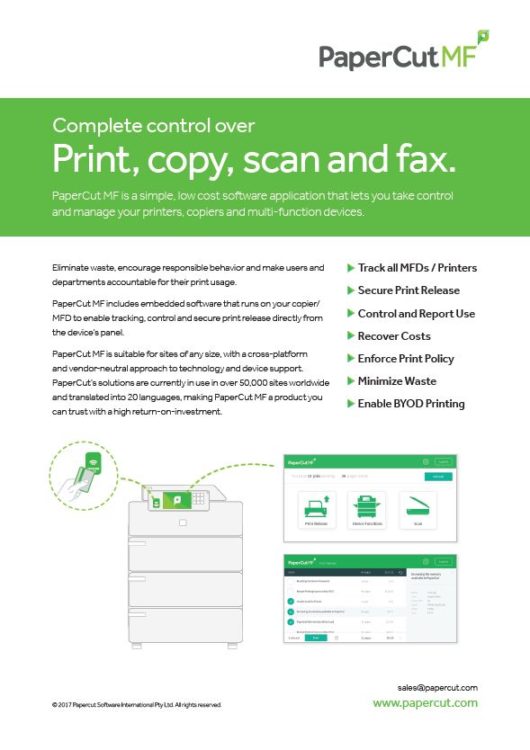 Fact Sheet Cover, Papercut MF, Advanced Business Systems, NY, New York, Kyocera, Brother, Epson, Dealer, COpier, MFP, Sales, Service, Supplies