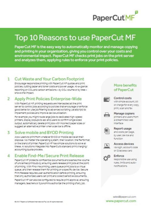 Top 10 Reasons, Papercut MF, Advanced Business Systems, NY, New York, Kyocera, Brother, Epson, Dealer, COpier, MFP, Sales, Service, Supplies